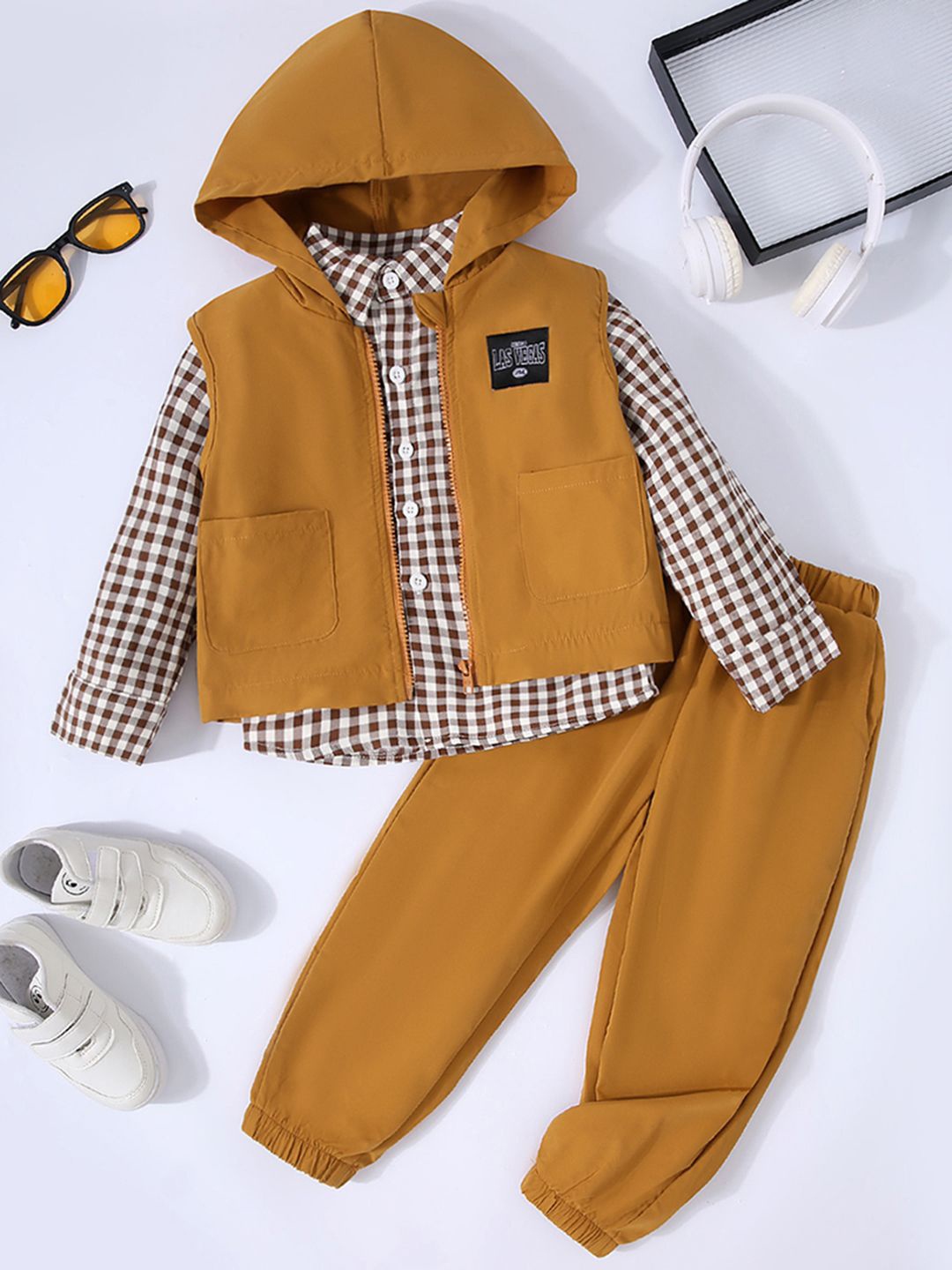 

INCLUD Boys Checked Shirt Collar Neck long Sleeves Shirt With Trousers With jacket, Brown