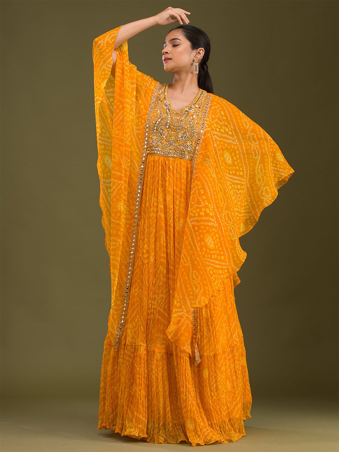 

Koskii Bandhani Embroidered Bell Sleeves Georgette Empire Kurta With Churidar, Yellow