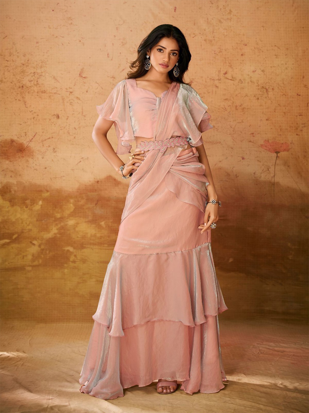 

ODETTE Organza Ready To Wear Saree, Pink