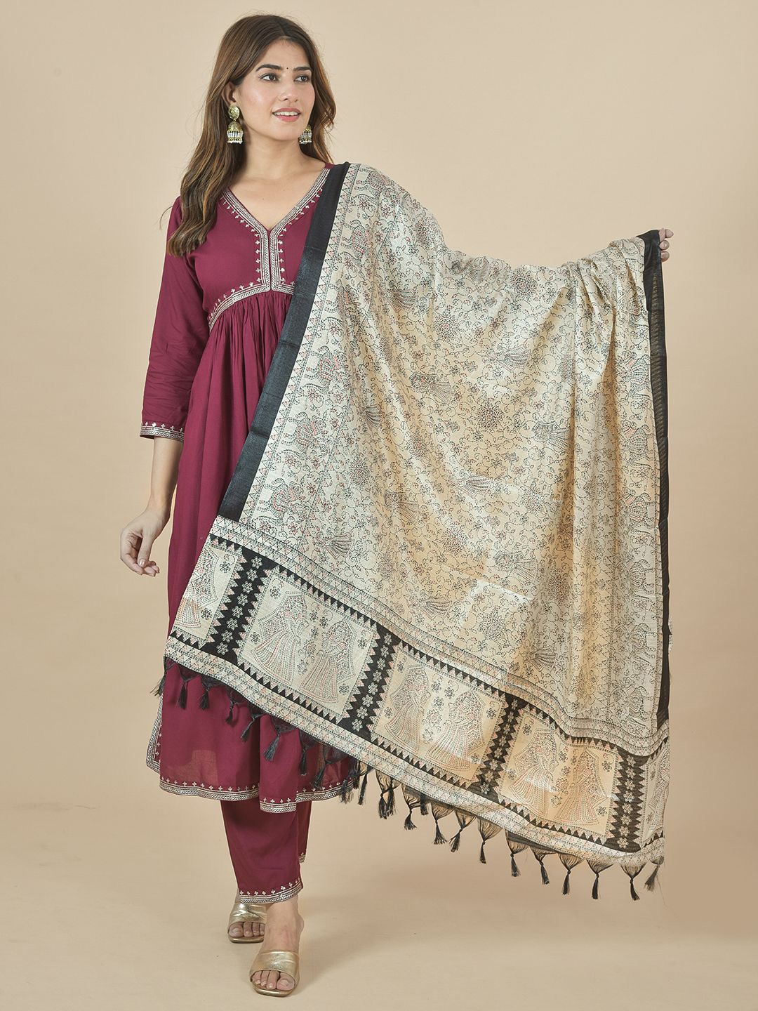 

LA FEMINAE Ethnic Motifs Printed Kalamkari Dupatta, Cream