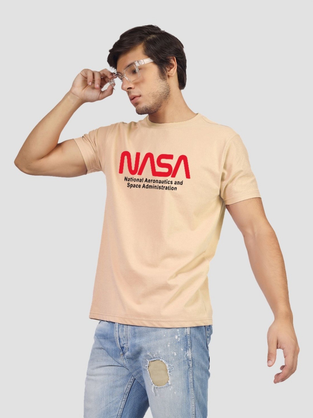 

Greylongg Men Typography Printed Round Neck Cotton T-shirt, Beige