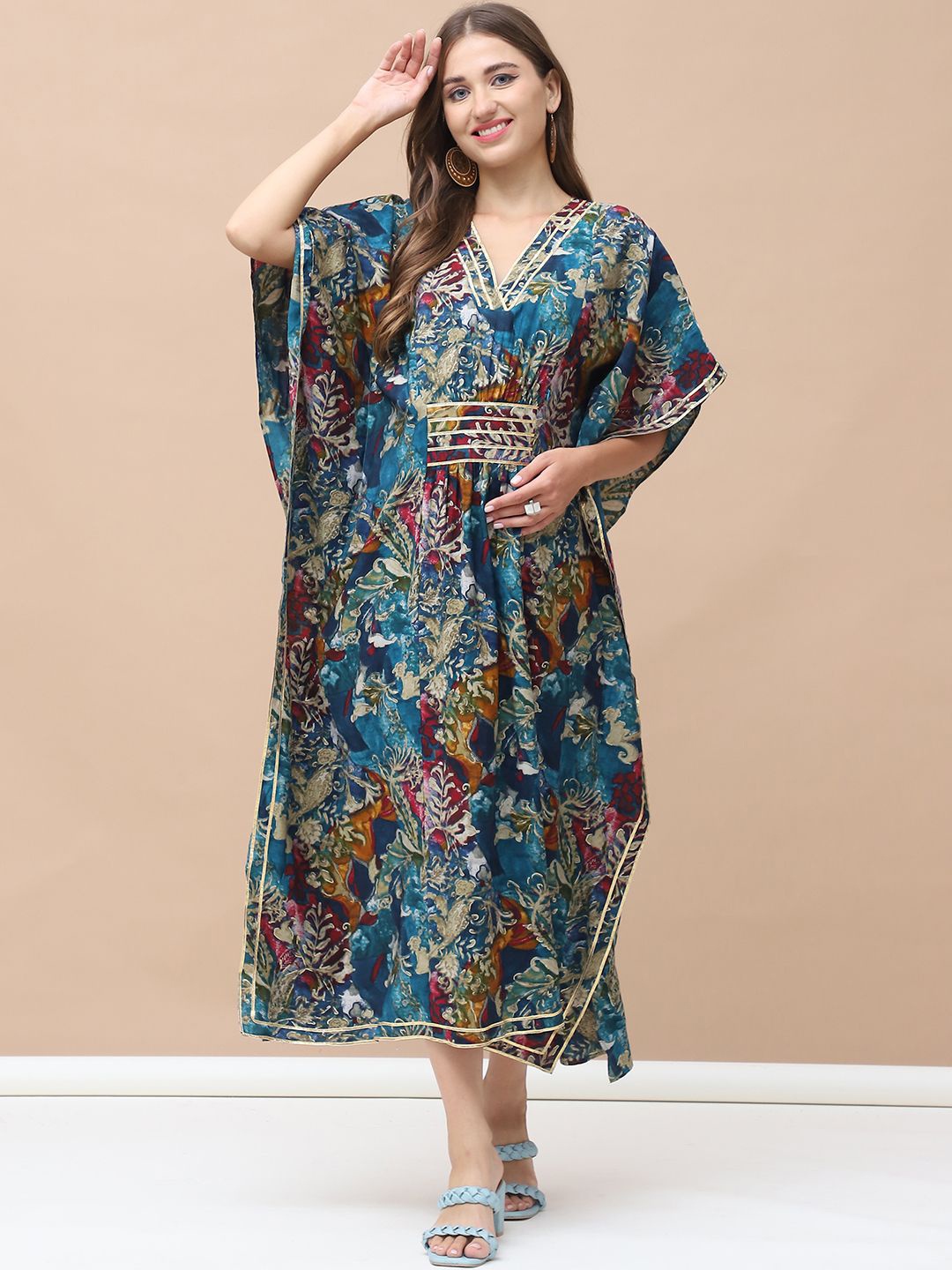 

Secret Wish Women V-Neck Floral Print Maternity Kaftan Midi Dress, Blue