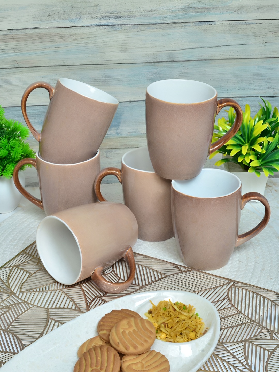 

FABINALIV Brown & White 6 Pieces Ceramic Glossy Mugs 300 ml