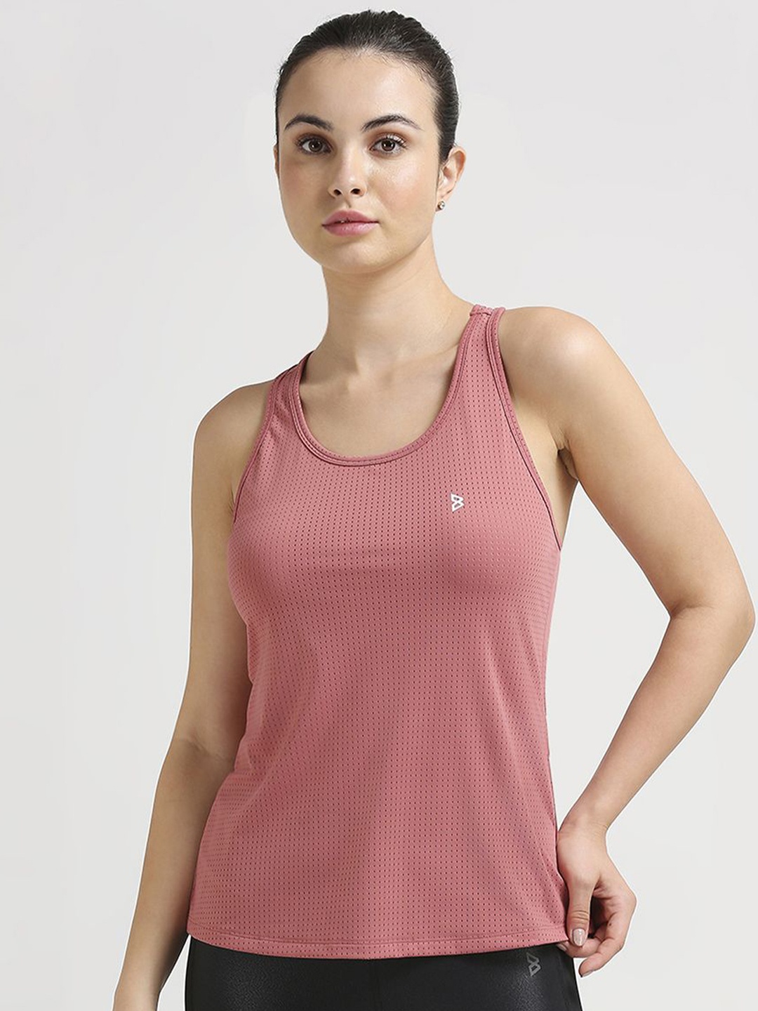 

BODD ACTIVE Women Self Design Scoop Neck Nylon Top, Peach