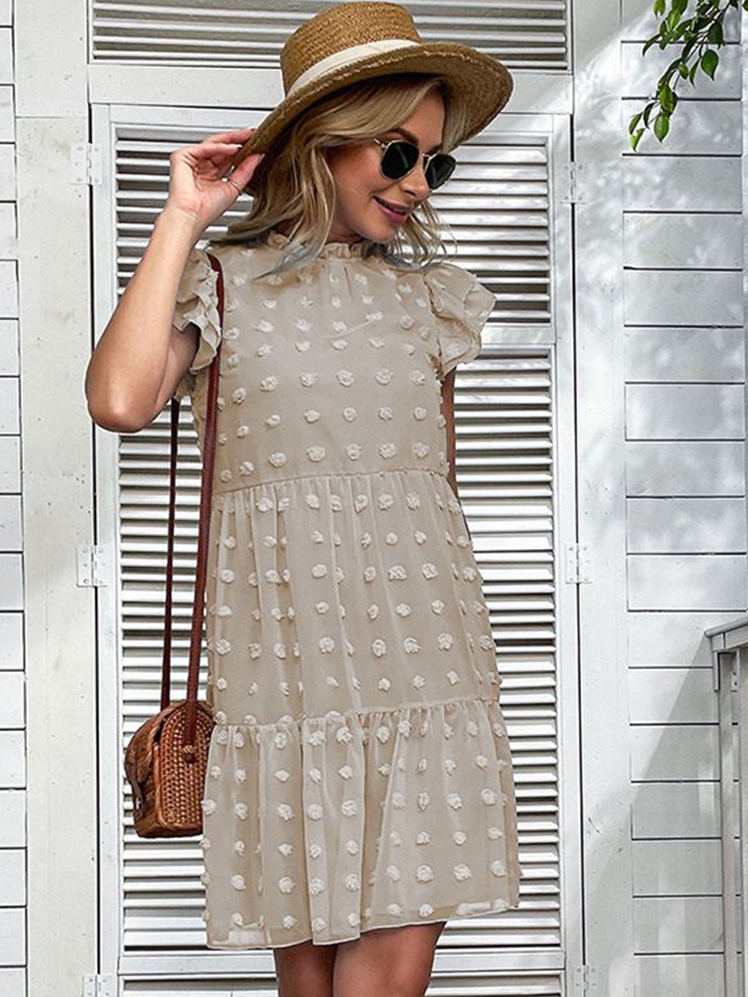

StyleCast Embroidered Self Design Flutter Sleeve Chiffon A-Line Mini Dress, Grey