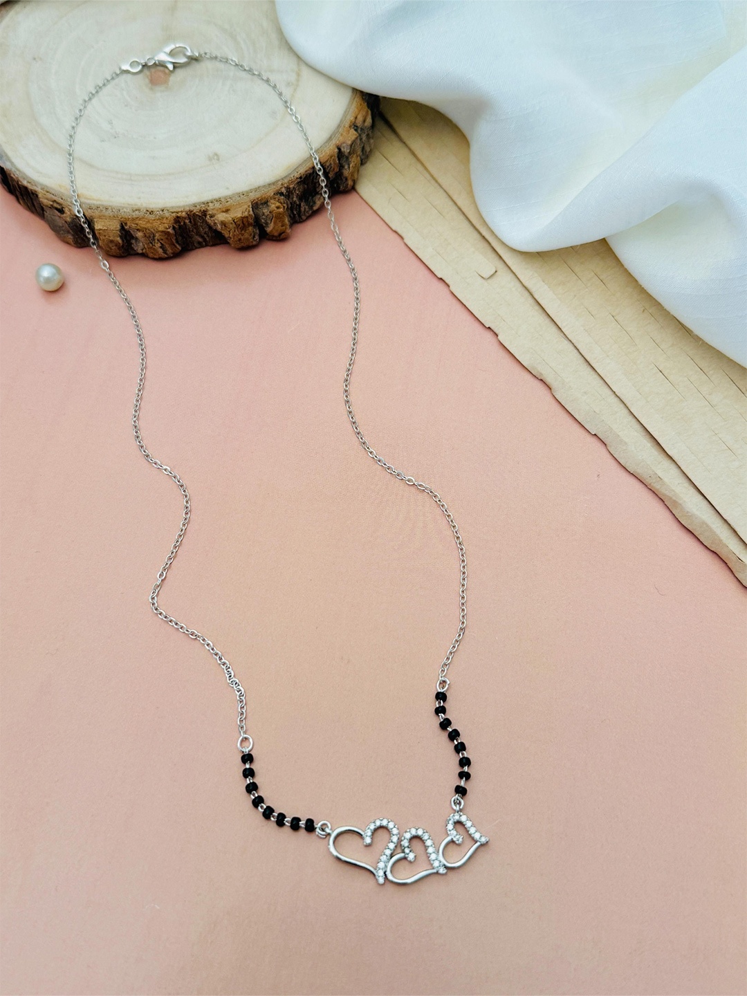 

ABDESIGNS Silver-Plated American Diamond Studded & Beaded Mangalsutra