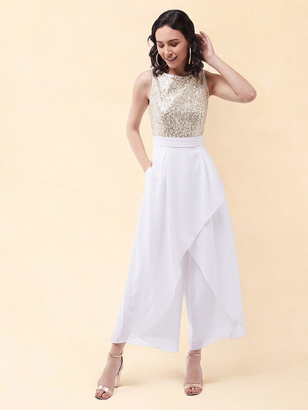 

all about you Women's Relaxed Fit Round Neck Sleeveless Jumpsuit, White