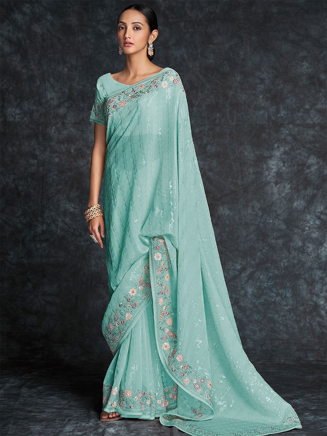 

ODETTE Embroidered Saree With Unstitched Blouse, Sea green