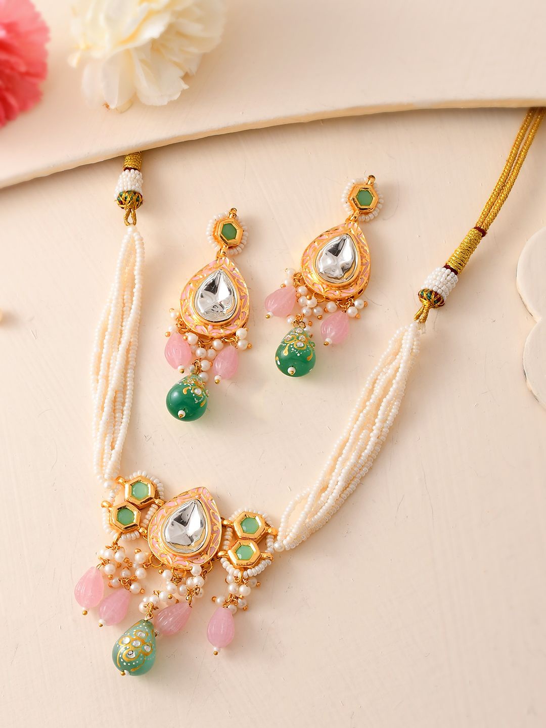 

DASTOOR Gold-Plated Stone-Studded & Beaded Necklace & Earrings