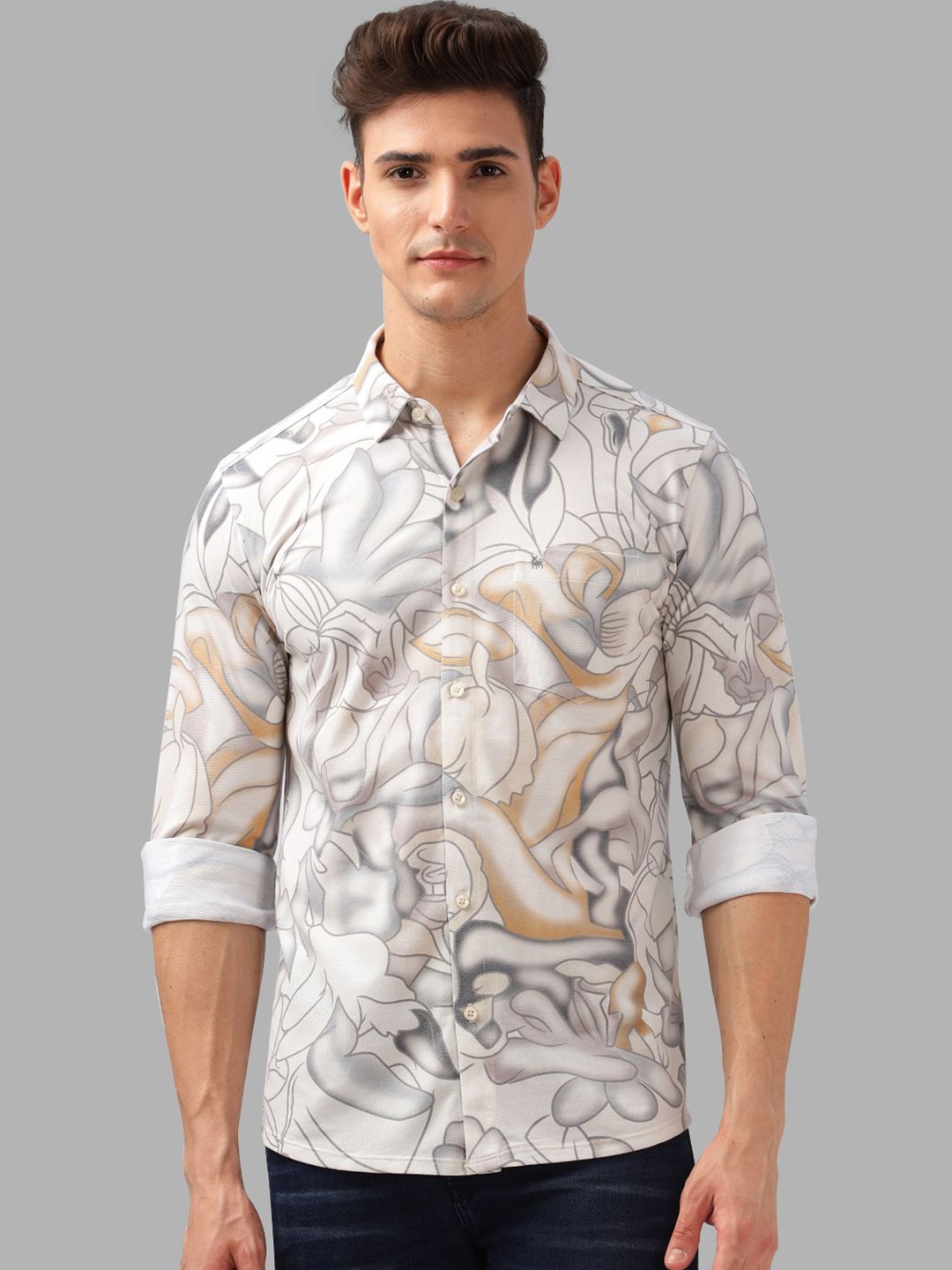 

BULLMER Men Spread Collar Abstract Printed Cotton Casual Shirt, White