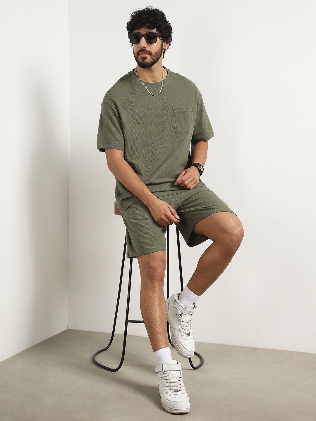 

NOBERO Oversized Textured T-shirt and shorts Co-ord Set, Olive