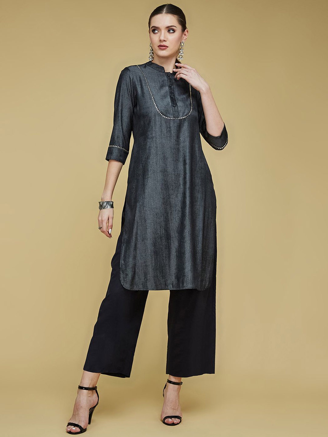

all about you Women's Chinese Collar 3/4 Sleeve Solid Knee-Long Polyester Straight Kurta, Black
