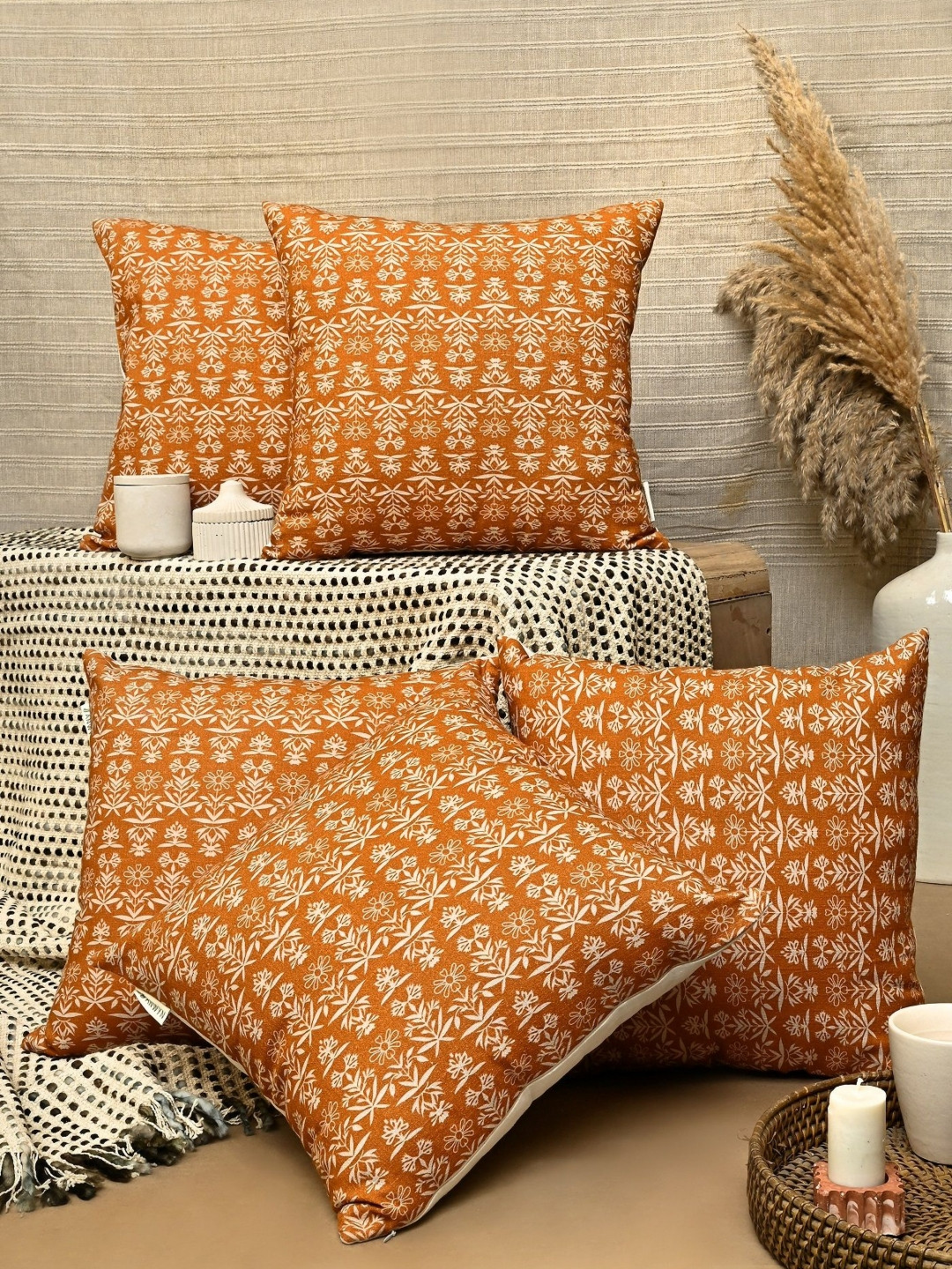 

ANWYN Mustard & Cream 5 Pieces Ethnic Motifs Square Cushion Covers