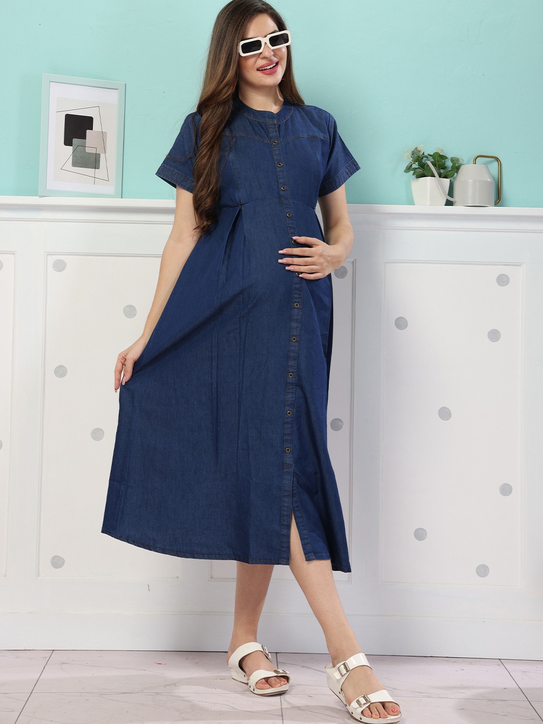 

EASY MOM Mandarin Collar Maternity A-Line Midi Dress, Blue