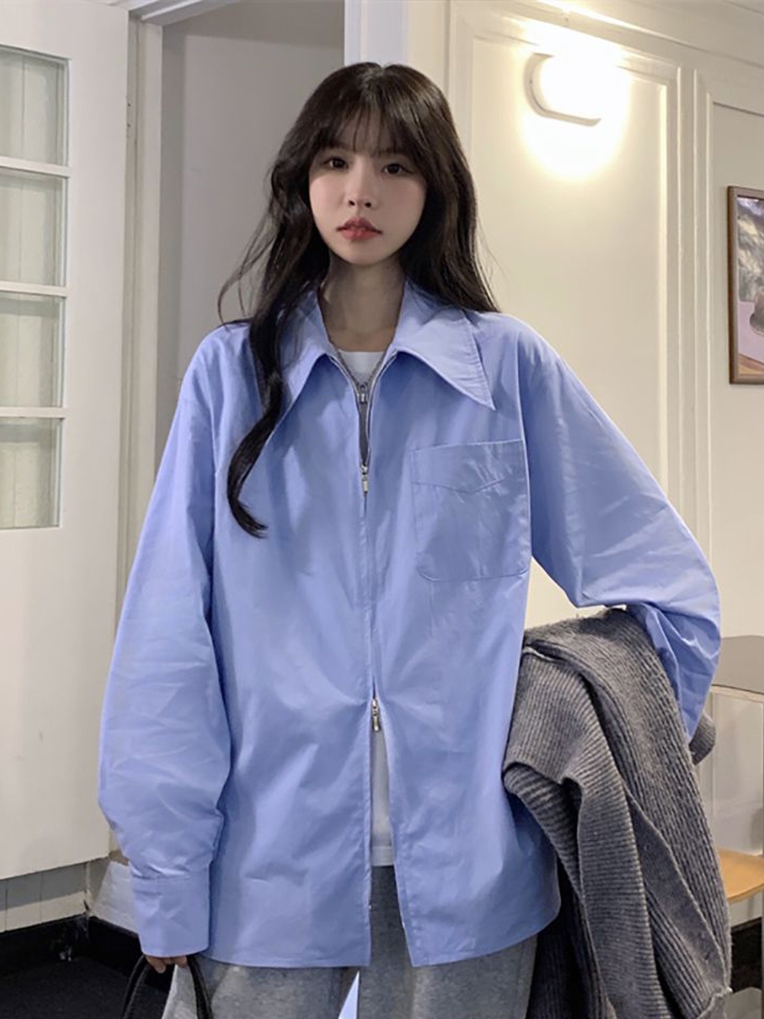 

StyleCast x Revolte Women Cutaway Collar Solid Casual Shirt, Blue