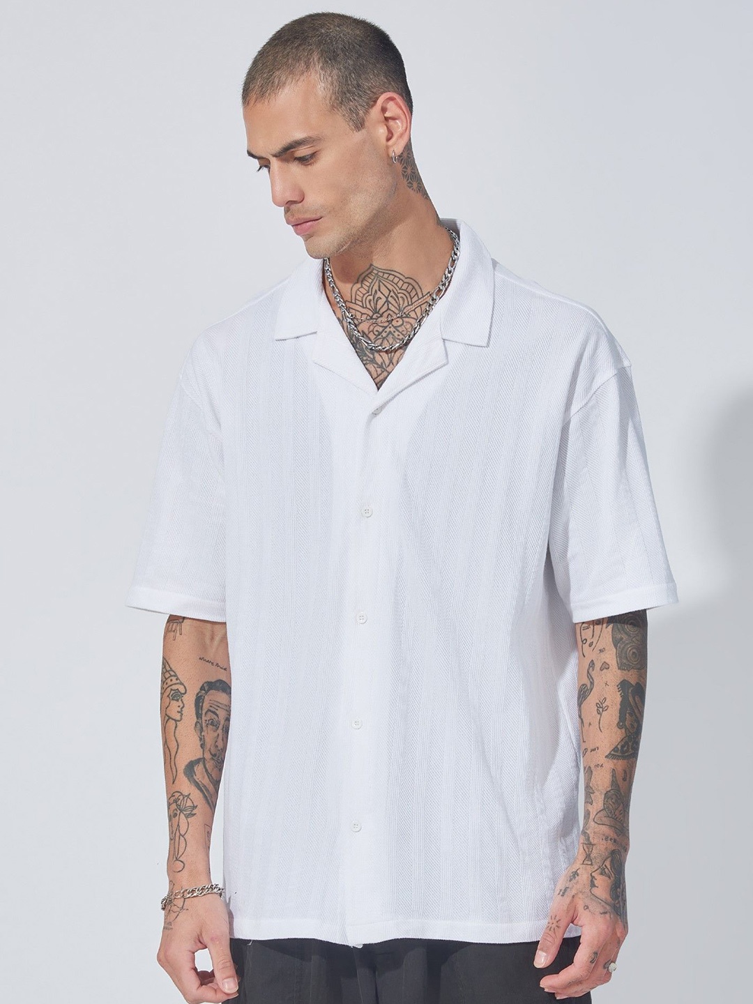 

Maniac Men Spread Collar Textured Cotton Casual Shirt, White