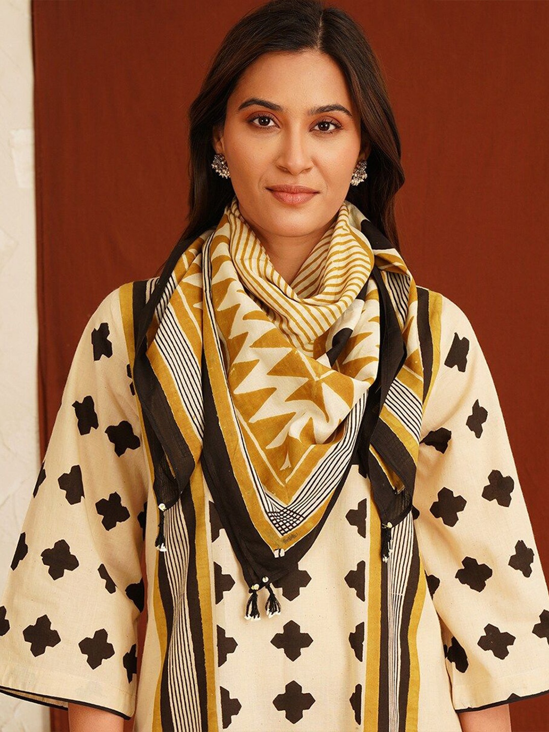 

JAYPORE Printed Pure Cotton Scarves, Mustard