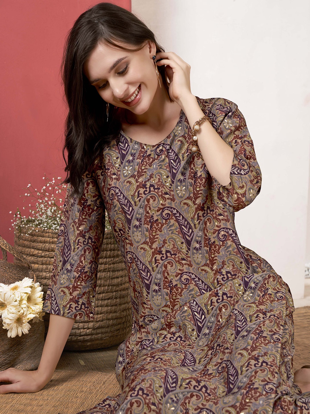 

Anouk Brown Paisley Printed V-Neck Straight Kurta With Trousers