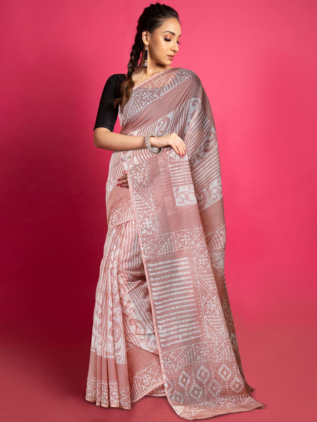 

Unnati Silks Ethnic Motifs Printed Net Handloom Kota Saree, Brown