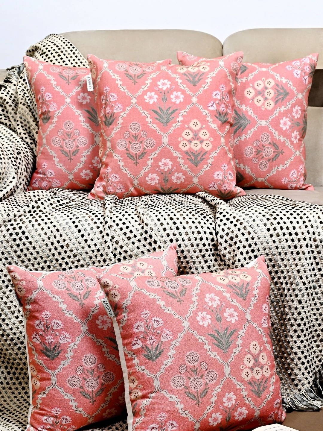 

ANWYN Pink & Off White 5 Pieces Floral Cotton Square Cushion Covers