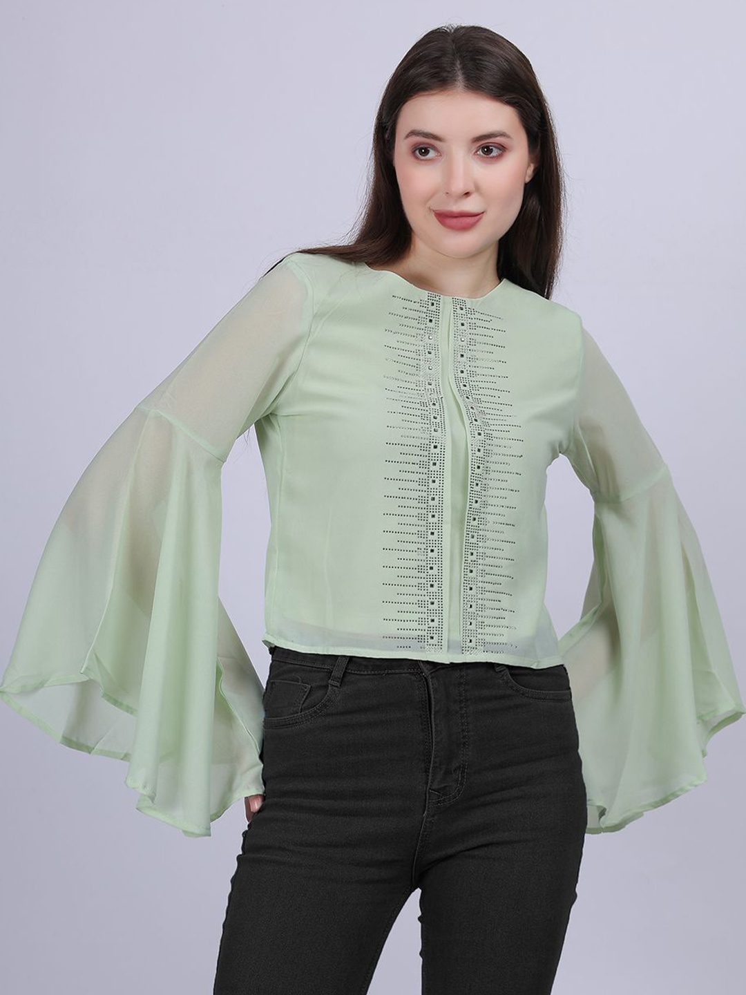 

Aumbe Women Self Design Round Neck Top, Green