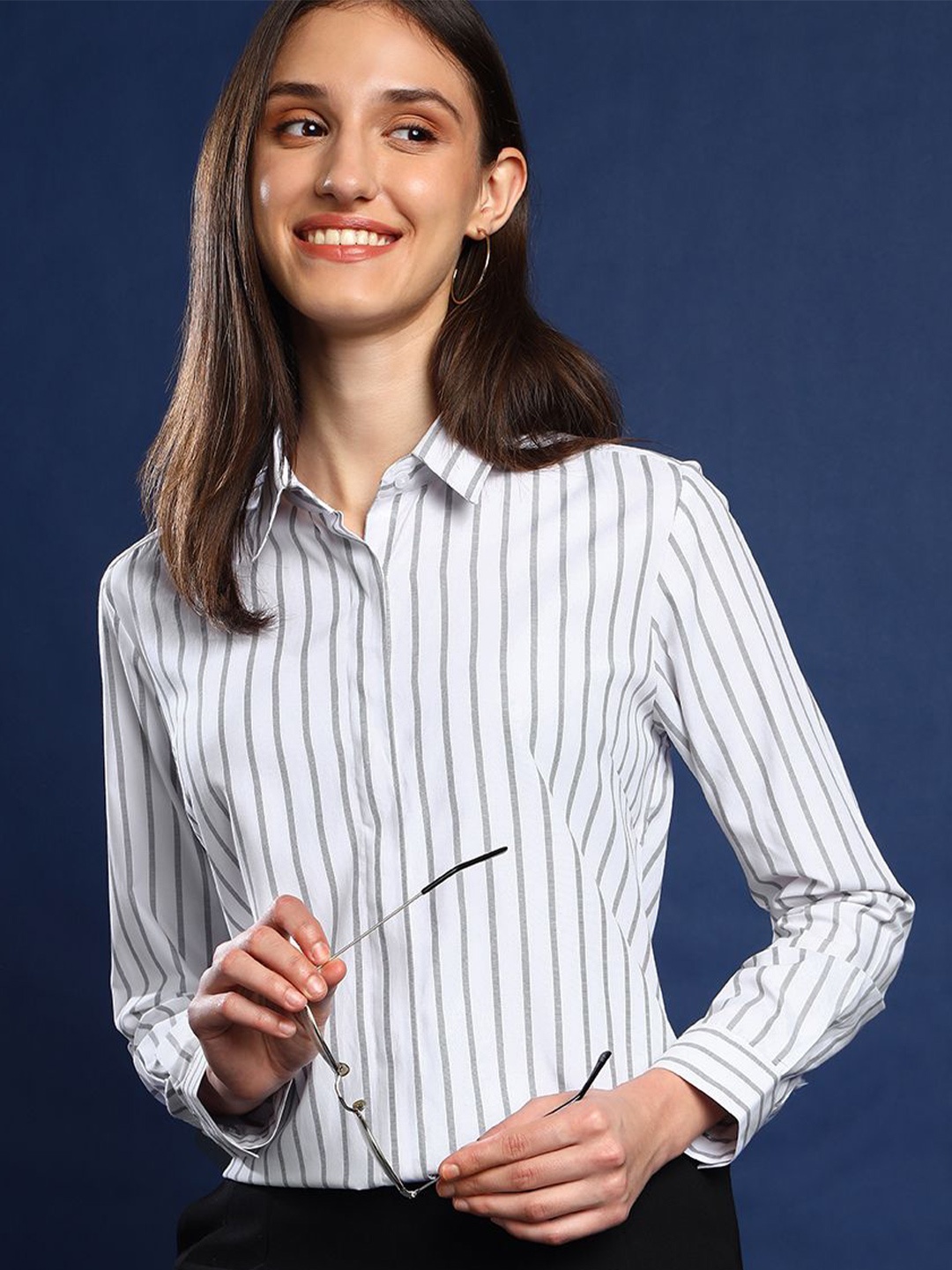 

English Navy Women Wrinkle Free Vertical Striped Formal Shirt, White