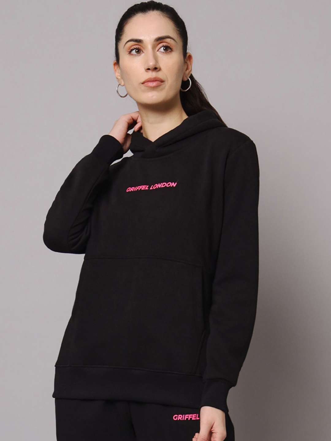 

GRIFFEL Women Typography Printed Hooded Sweatshirt, Black