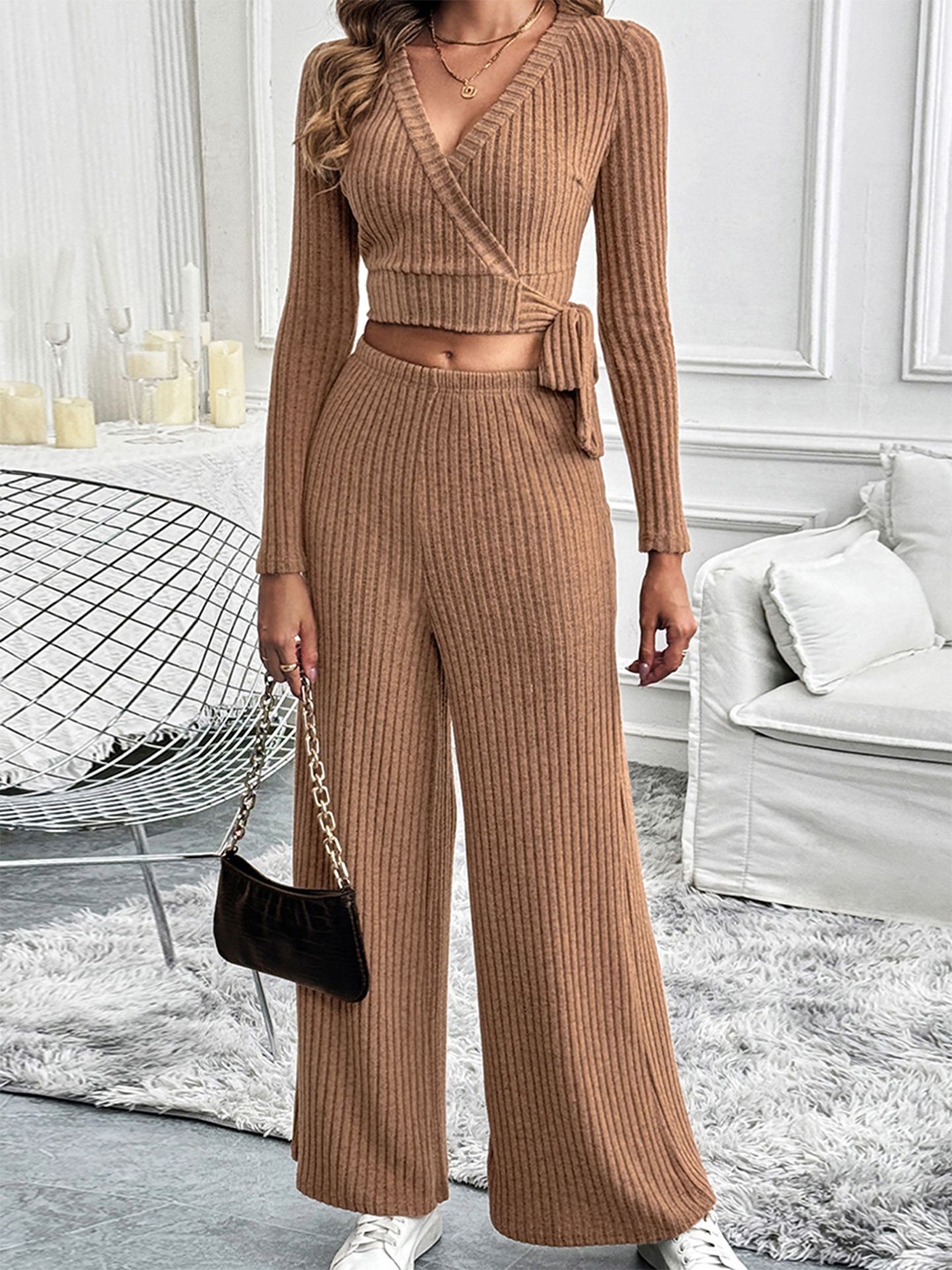 

StyleCast x Revolte Ribbed V-Neck Crop Top With Palazzo, Brown