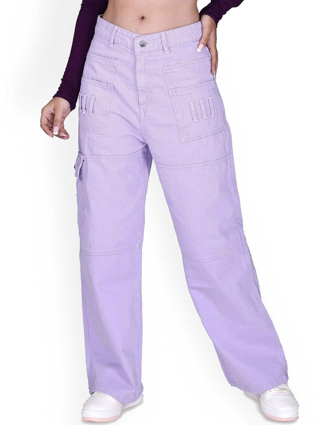 

FILLY Women Solid Flared High-Rise Cargos Trousers, Purple