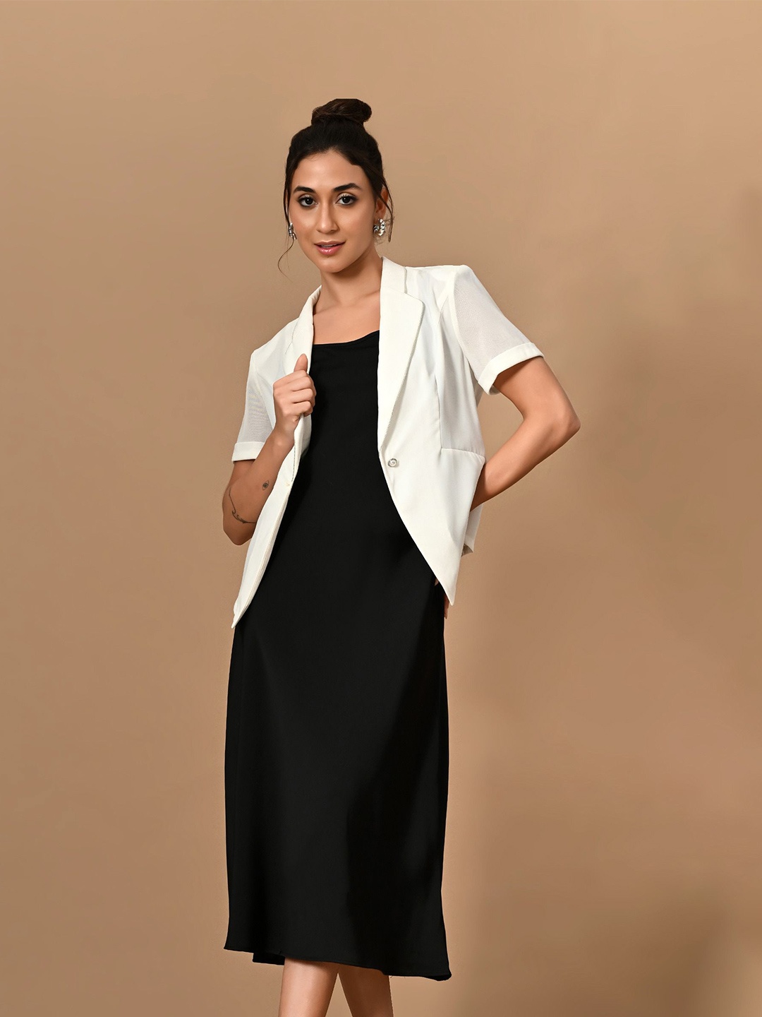 

PANKH Solid Shoulder Straps A-Line Midi Dress, Black