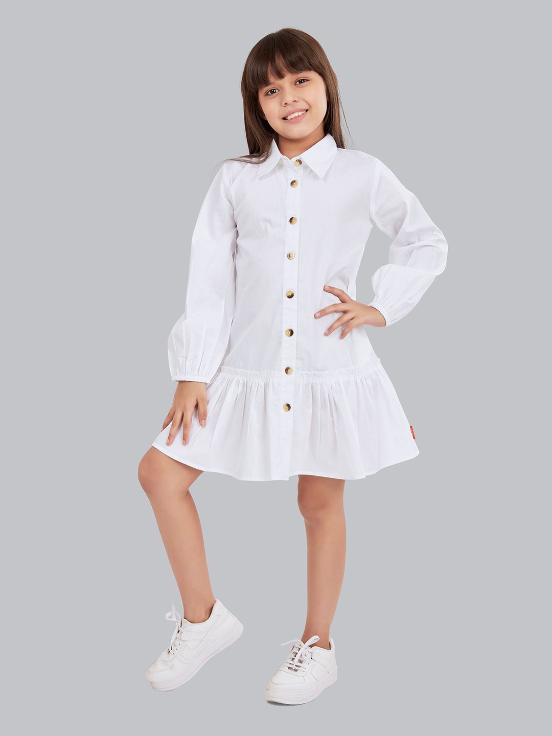 

Olele Girls Pure Cotton Full Sleeves Shirt Dress, White