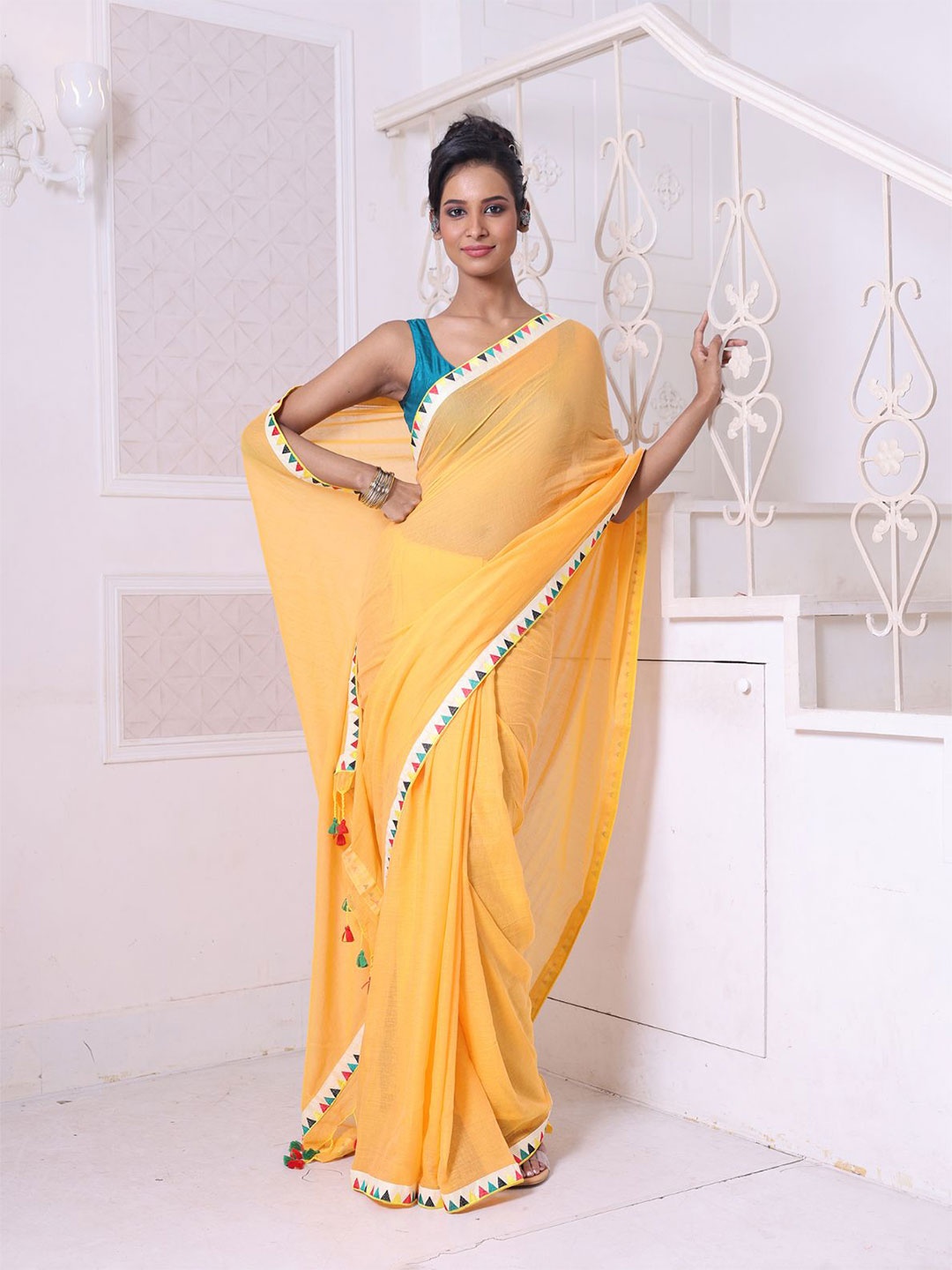 

Charukriti Patchwork Pure Cotton Saree, Yellow