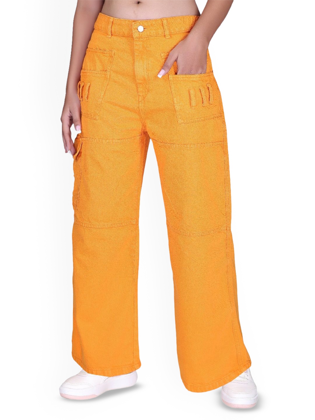 

FILLY Women Flared High-Rise Cotton Cargos Trousers, Orange