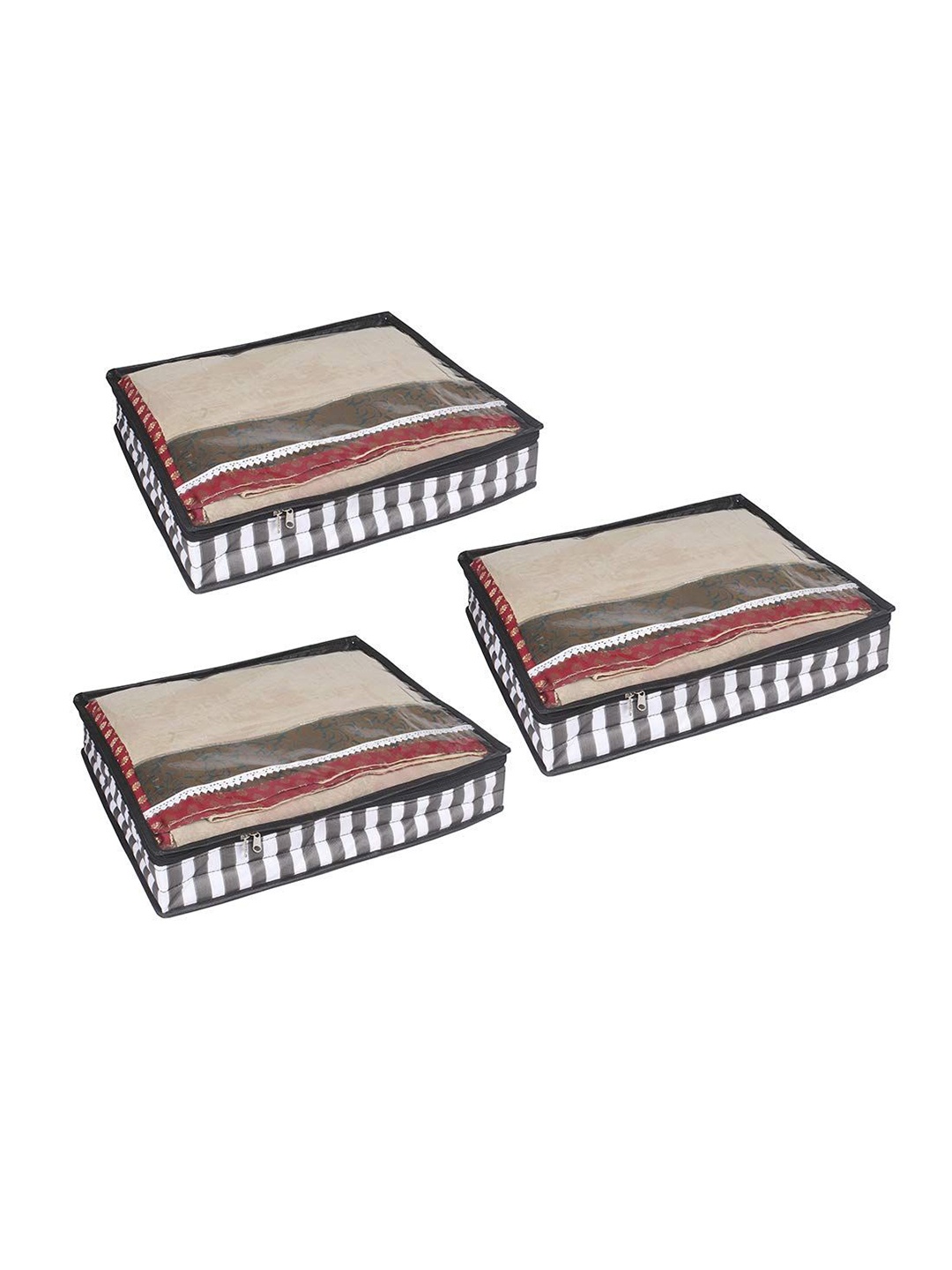 

prettykrafts Black & Transparent 3 Pieces Striped Saree Cover Organisers