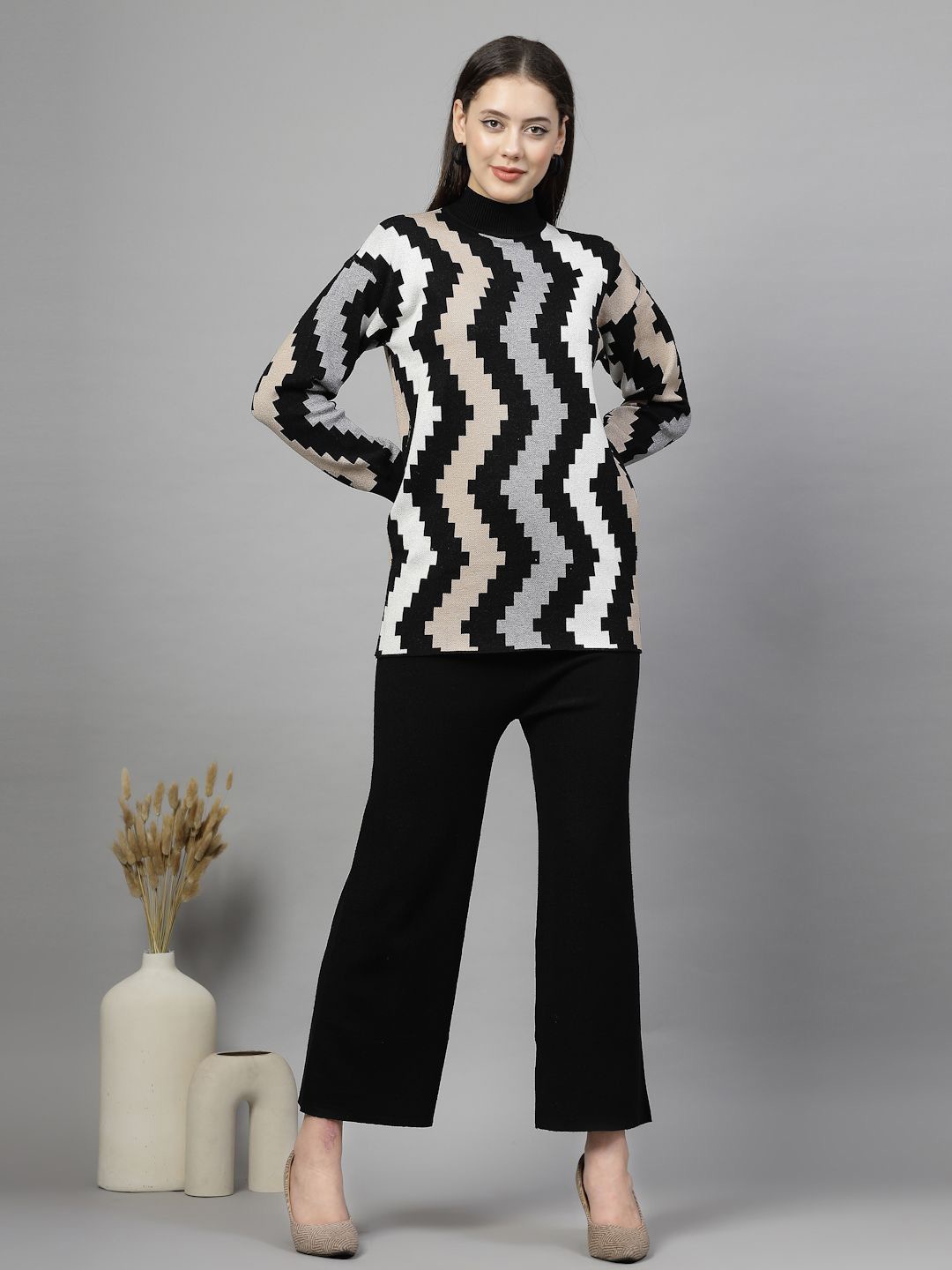 

Mafadeny Printed Mock Neck Long Sleeve Sweater With Trouser, Black