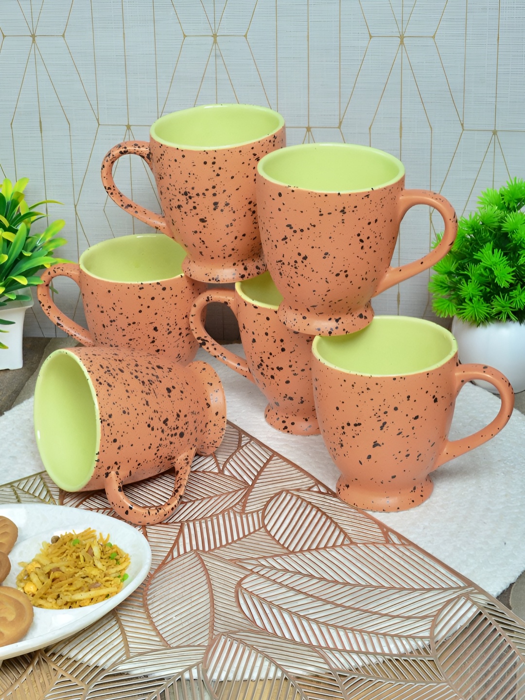 

FABINALIV Orange & Green 6 Pieces Printed Ceramic Matte Mugs 280 ml