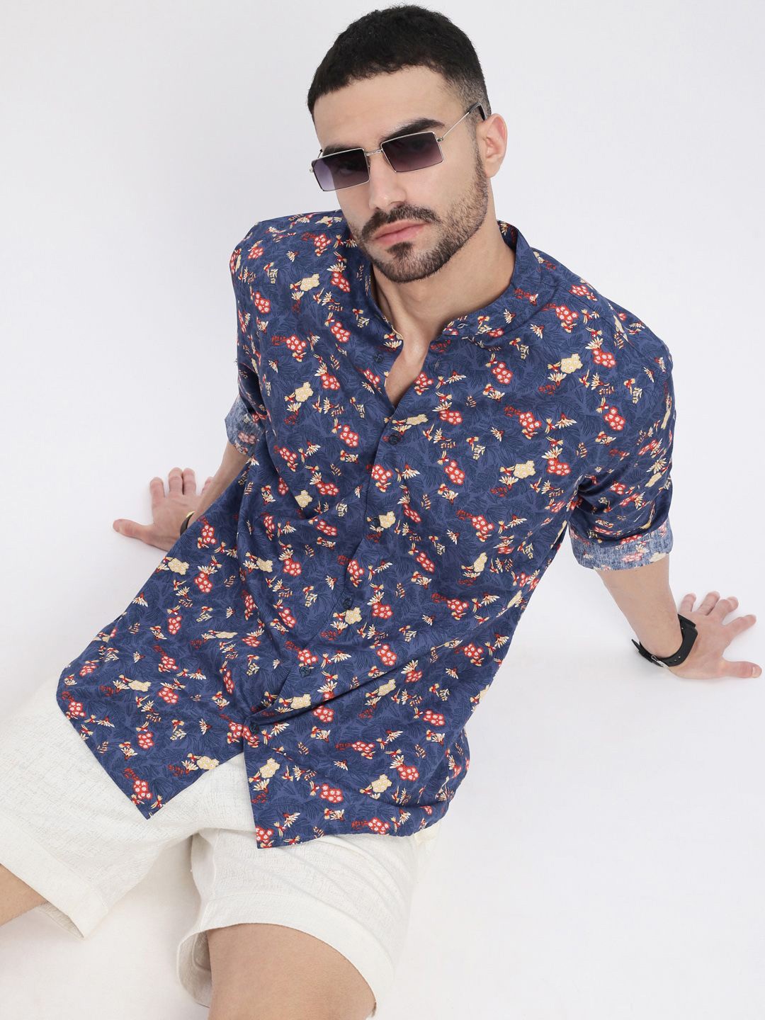 

SHOWOFF Men Smart Mandarin Collar Floral Printed Cotton Slim Fit Casual Shirt, Blue