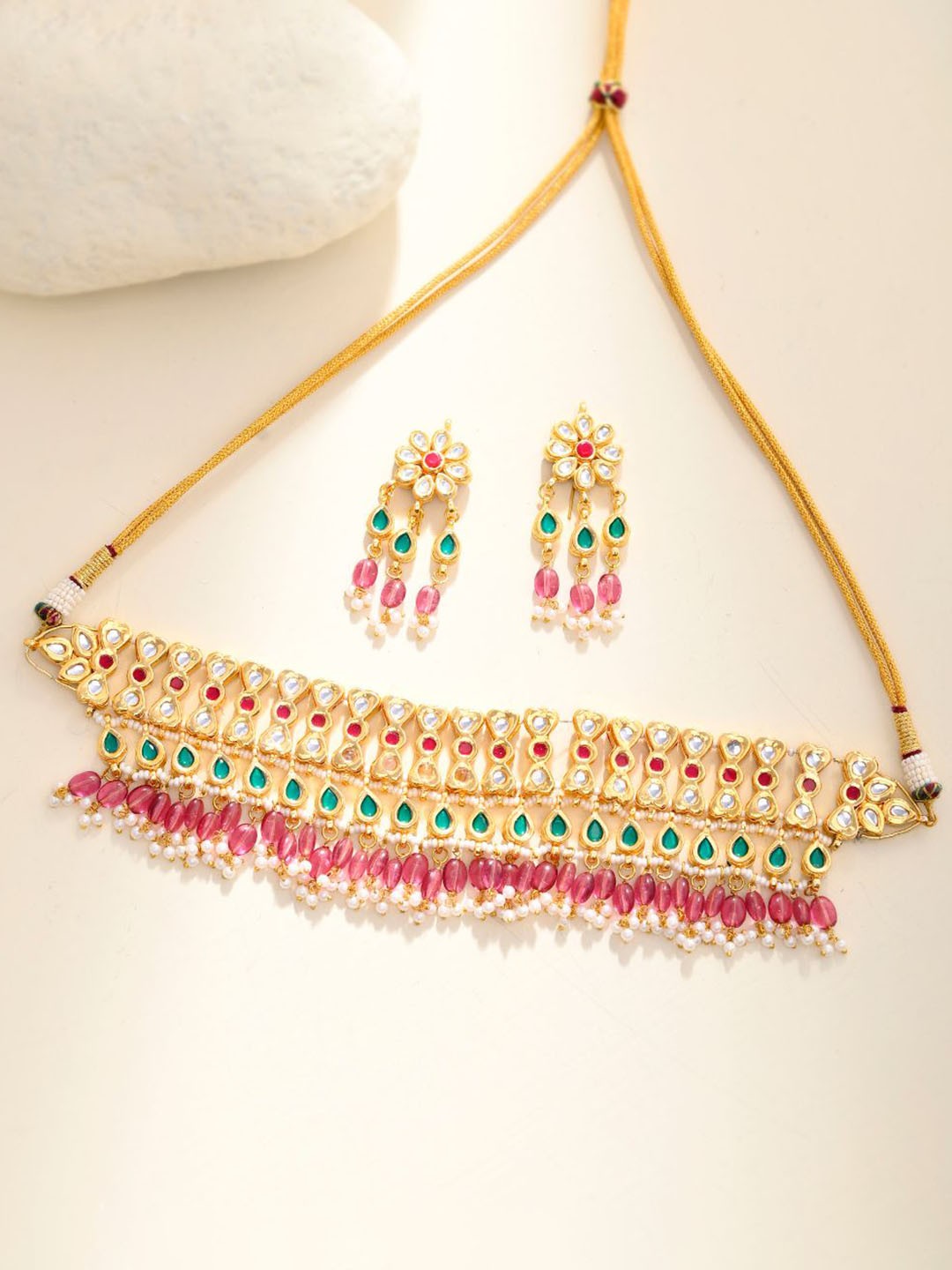 

DASTOOR Gold-Plated Stone-Studded & Beaded Jewellery Set
