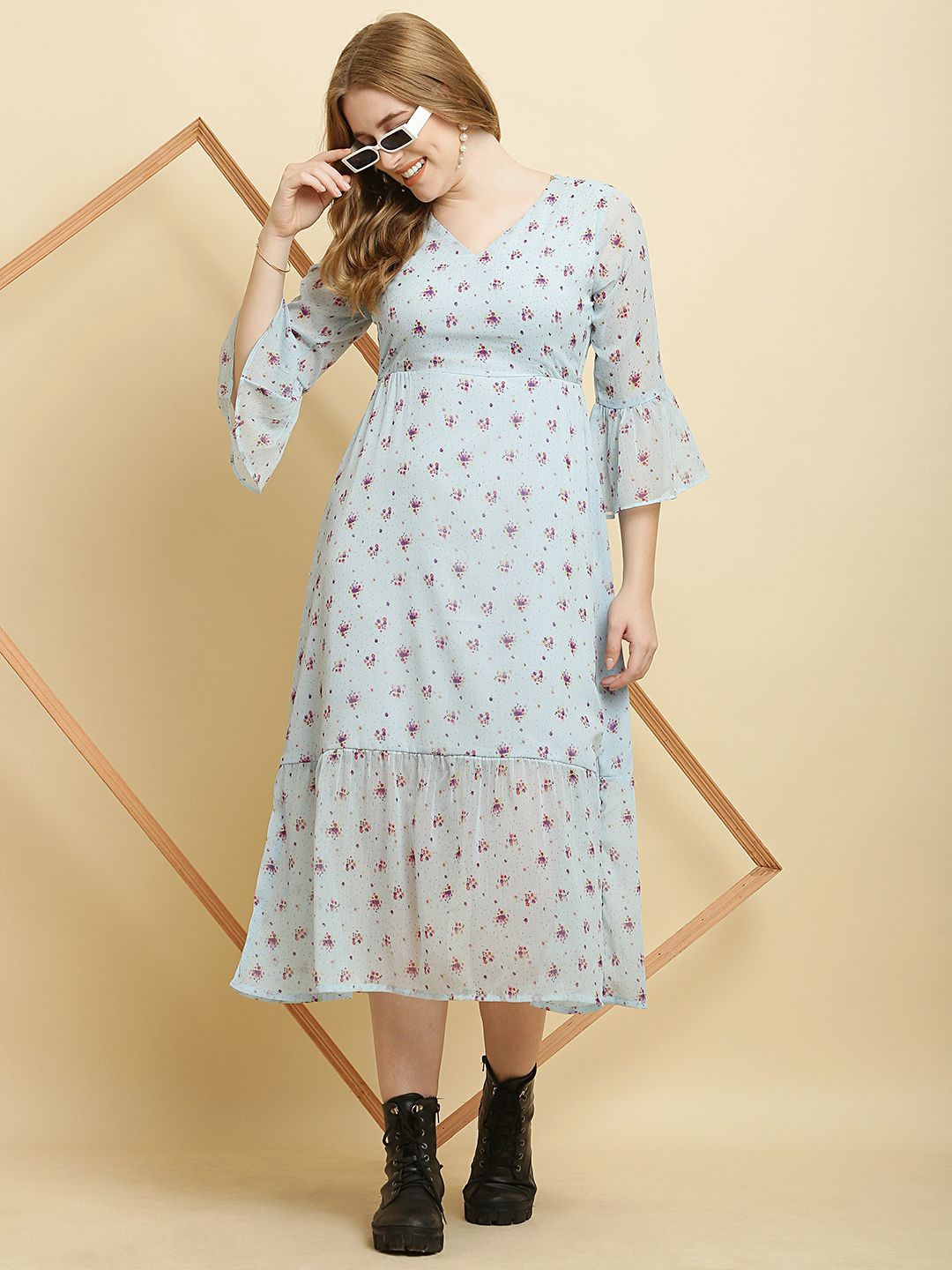 

Mast & Harbour Floral Print Flared Sleeve Chiffon Fit & Flare Midi Dress, Turquoise blue