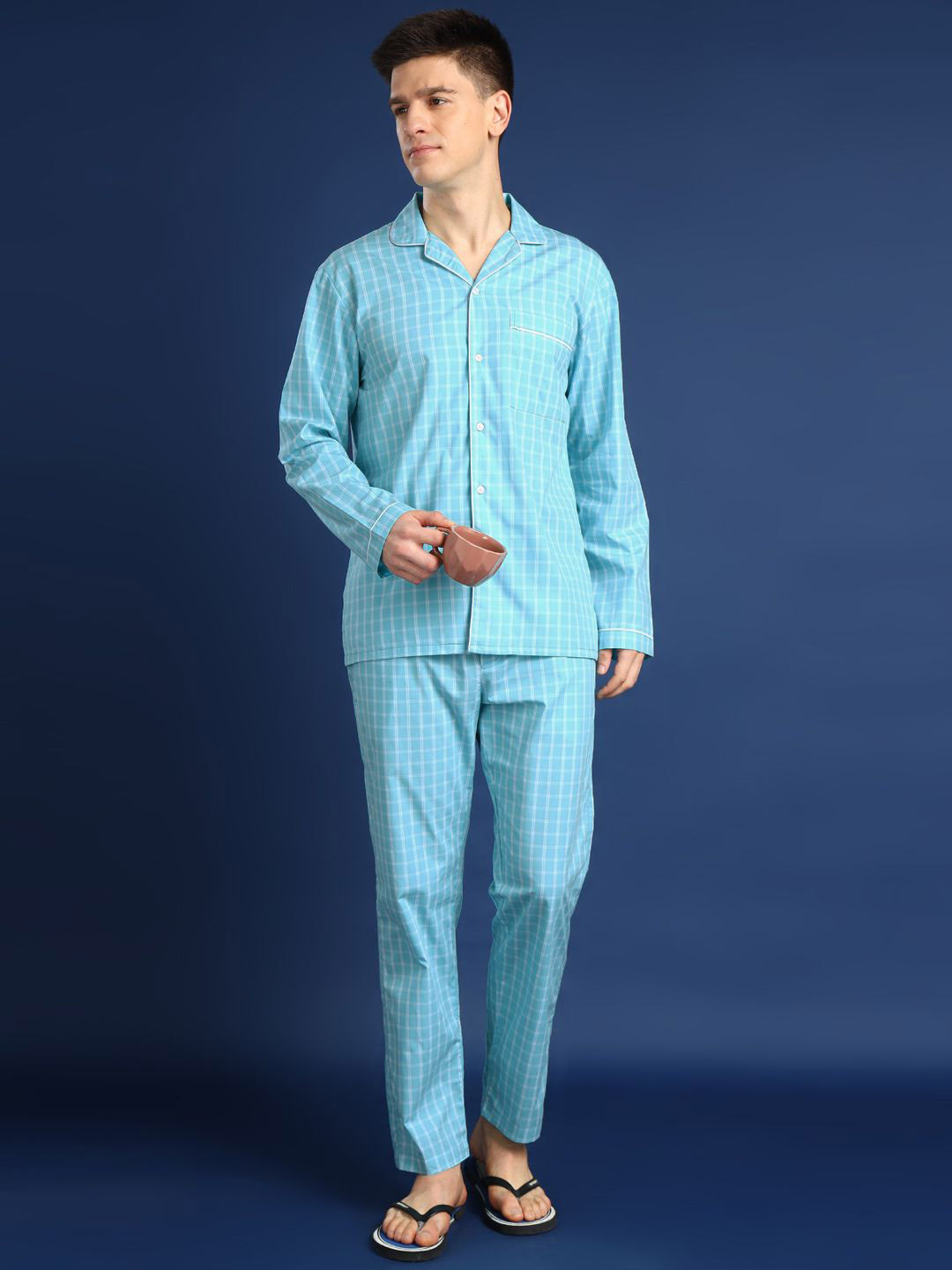 

Hancock Men Checked Lapel Collar Pure Cotton Night suit, Blue