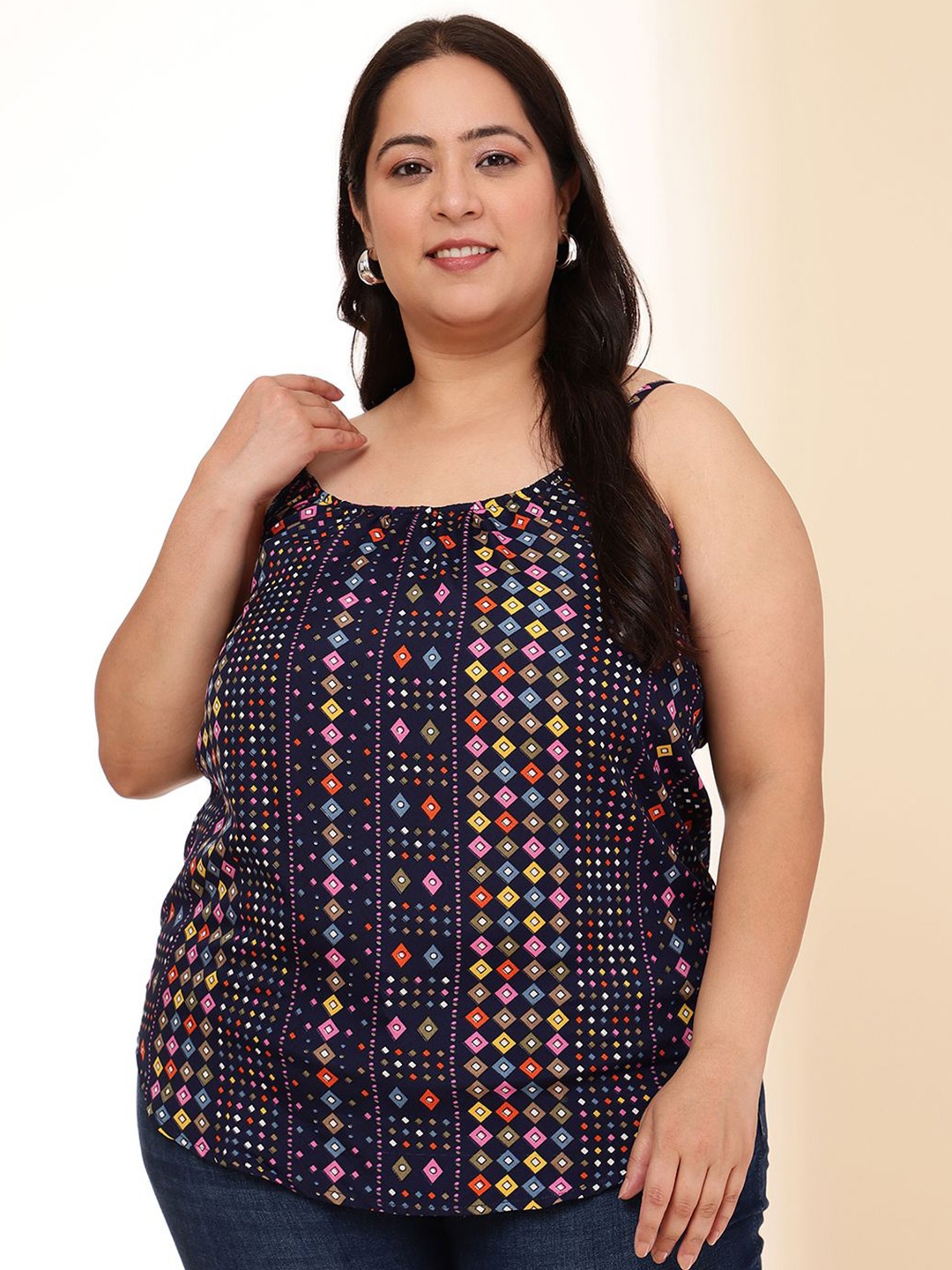 

DressBerry Women Geometric Printed Shoulder Straps Plus Size Top, Navy blue