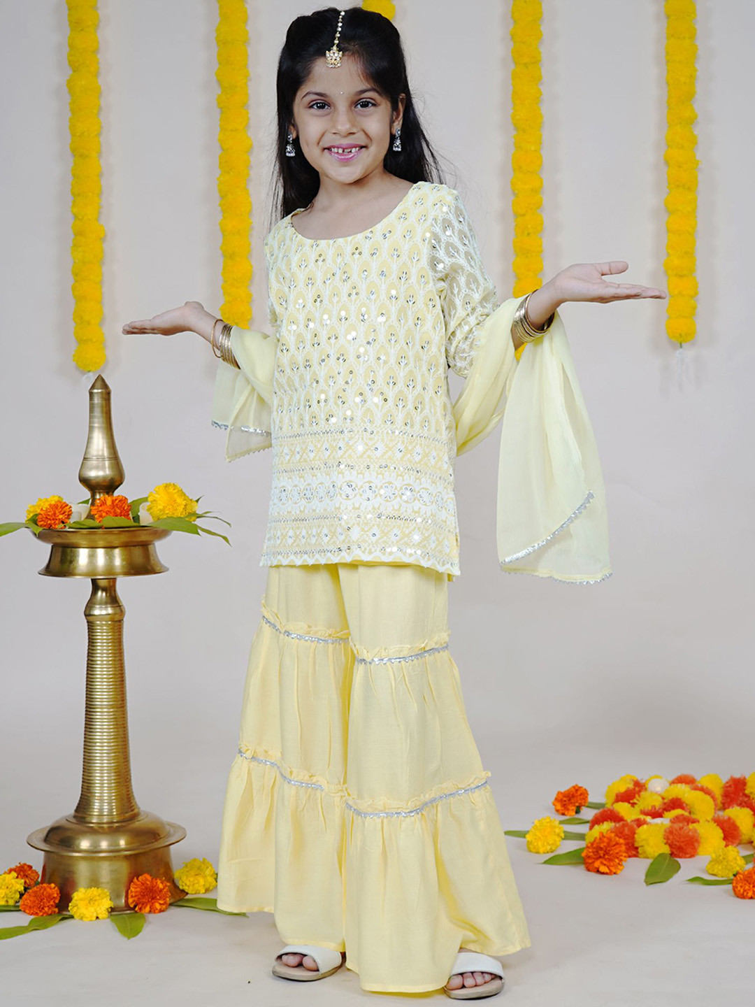 

KiddoPanti Girls Floral Embroidered Sequinned Kurta with Sharara & Dupatta, Yellow