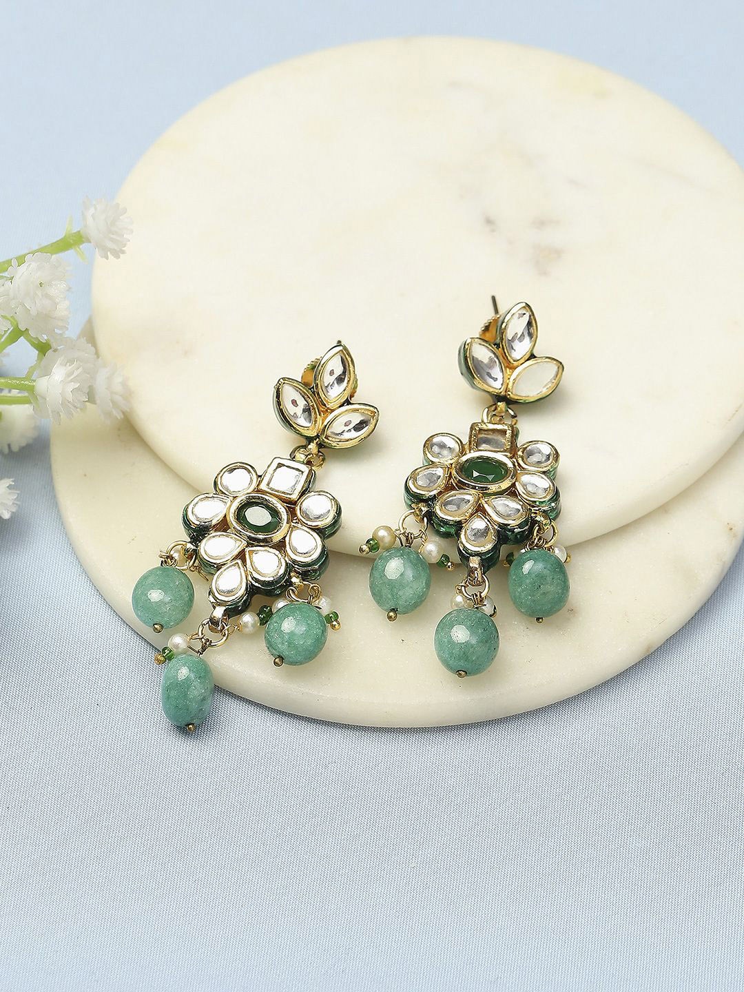 

Biba Gold Plated Artificial Stones & Beads Studded Floral Drop Earrings, Green