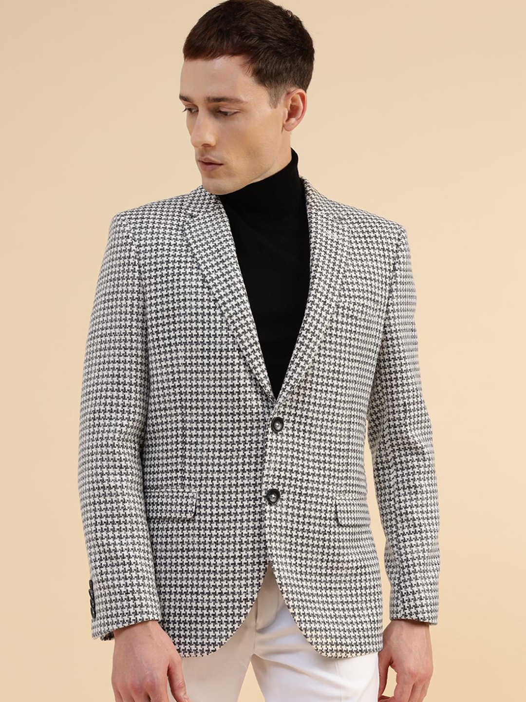 

Givo Smart Fit Checked Notched Lapel Collar Single-Breasted Blazer, Black