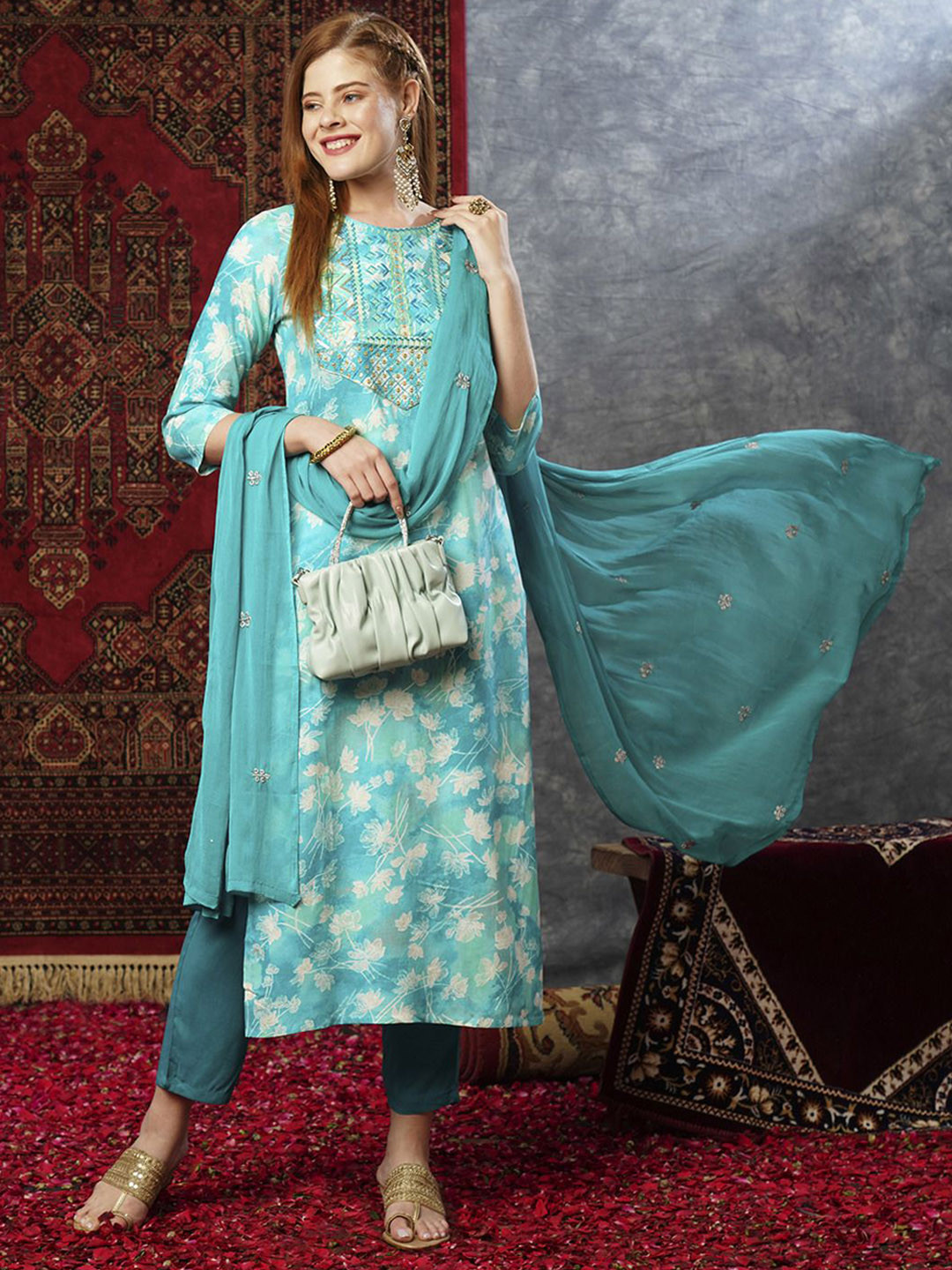 

Anni Designer Floral Embroidered Regular Straight Kurta with Trousers & Dupatta, Sea green