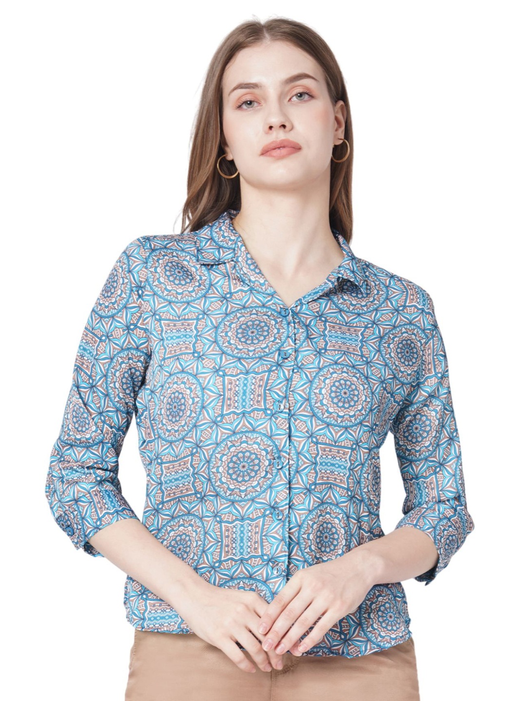 

Kraus Jeans Women Spread Collar Ethnic Motifs Printed Slim Fit Casual Shirt, Blue