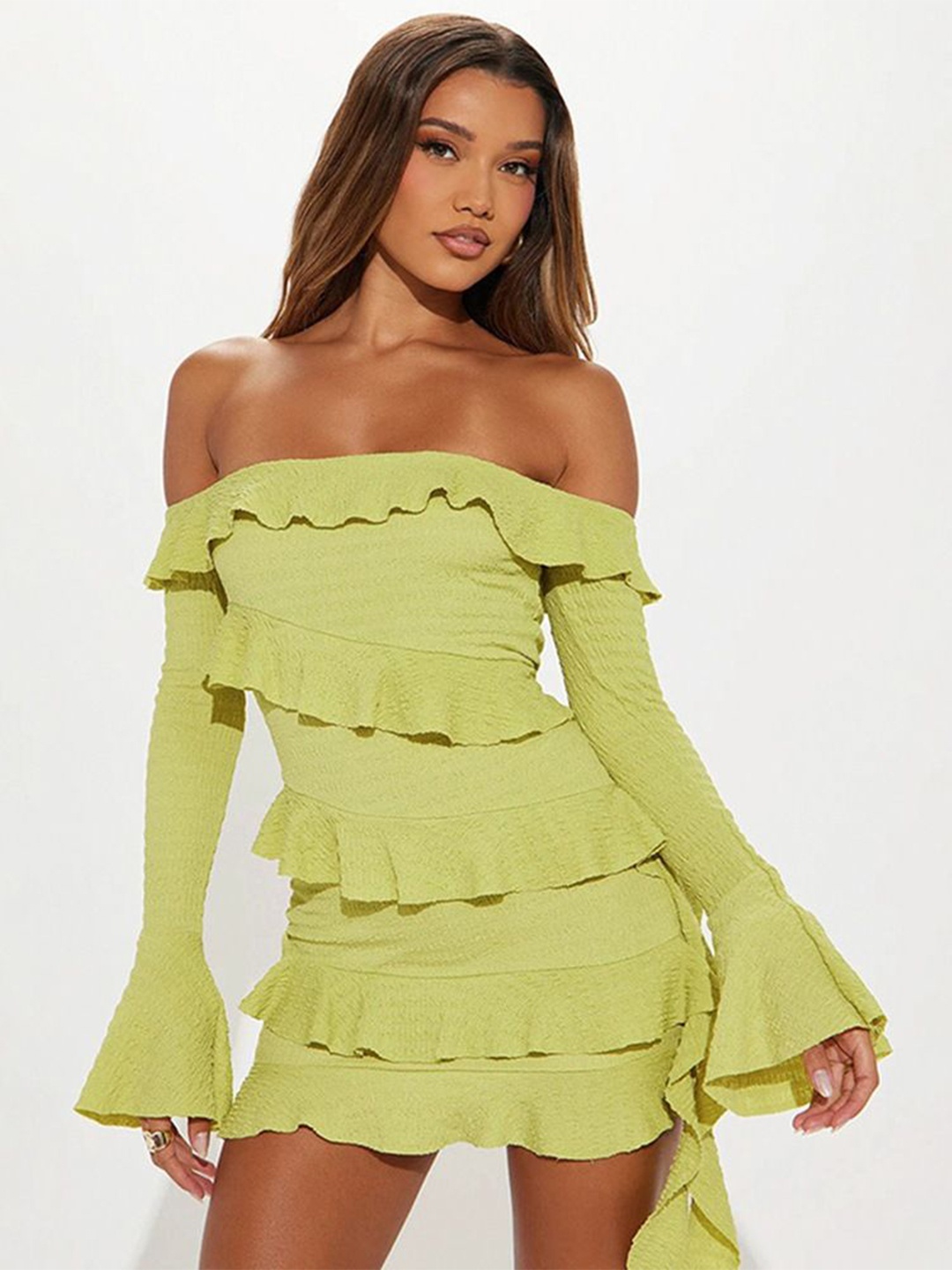 

StyleCast x Revolte Solid Off-Shoulder Ruffled Bodycon Mini Dress, Green