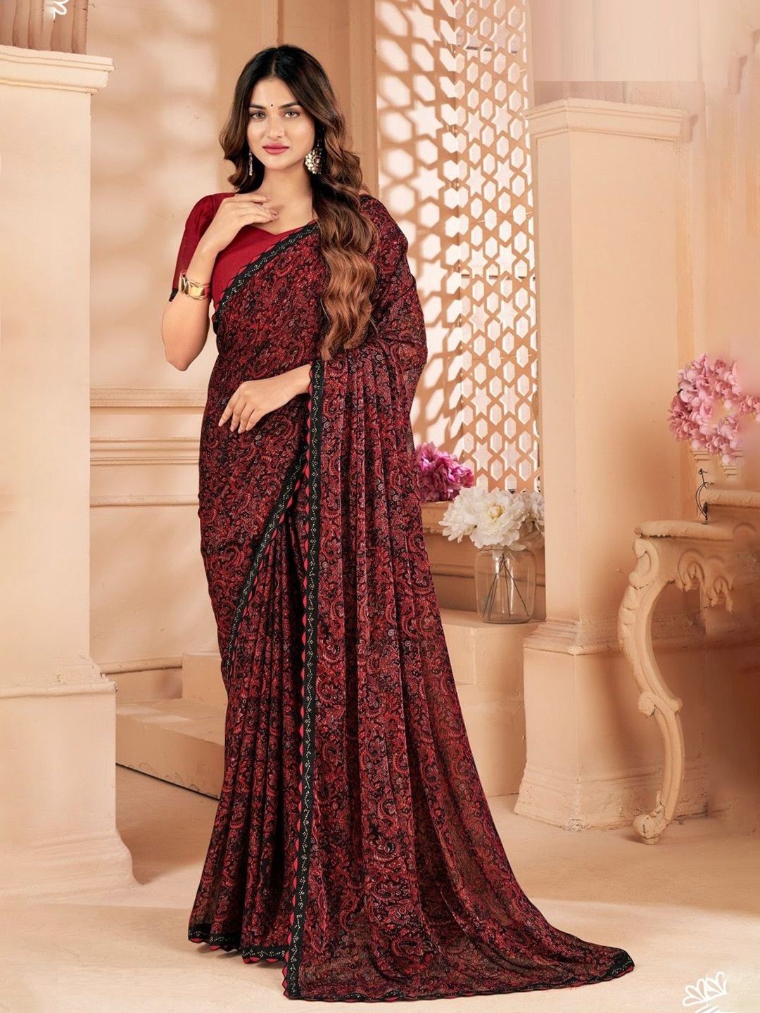 

Reboot Fashions Paisley Pure Chiffon Saree, Black