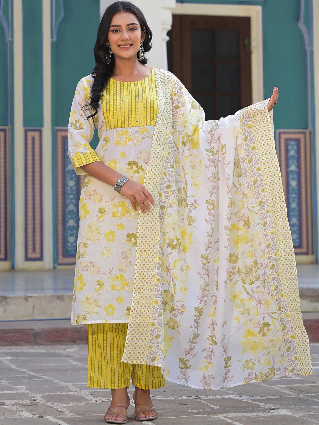 

Juniper Floral Printed Mirror Work Straight Kurta with Trousers & Dupatta, White