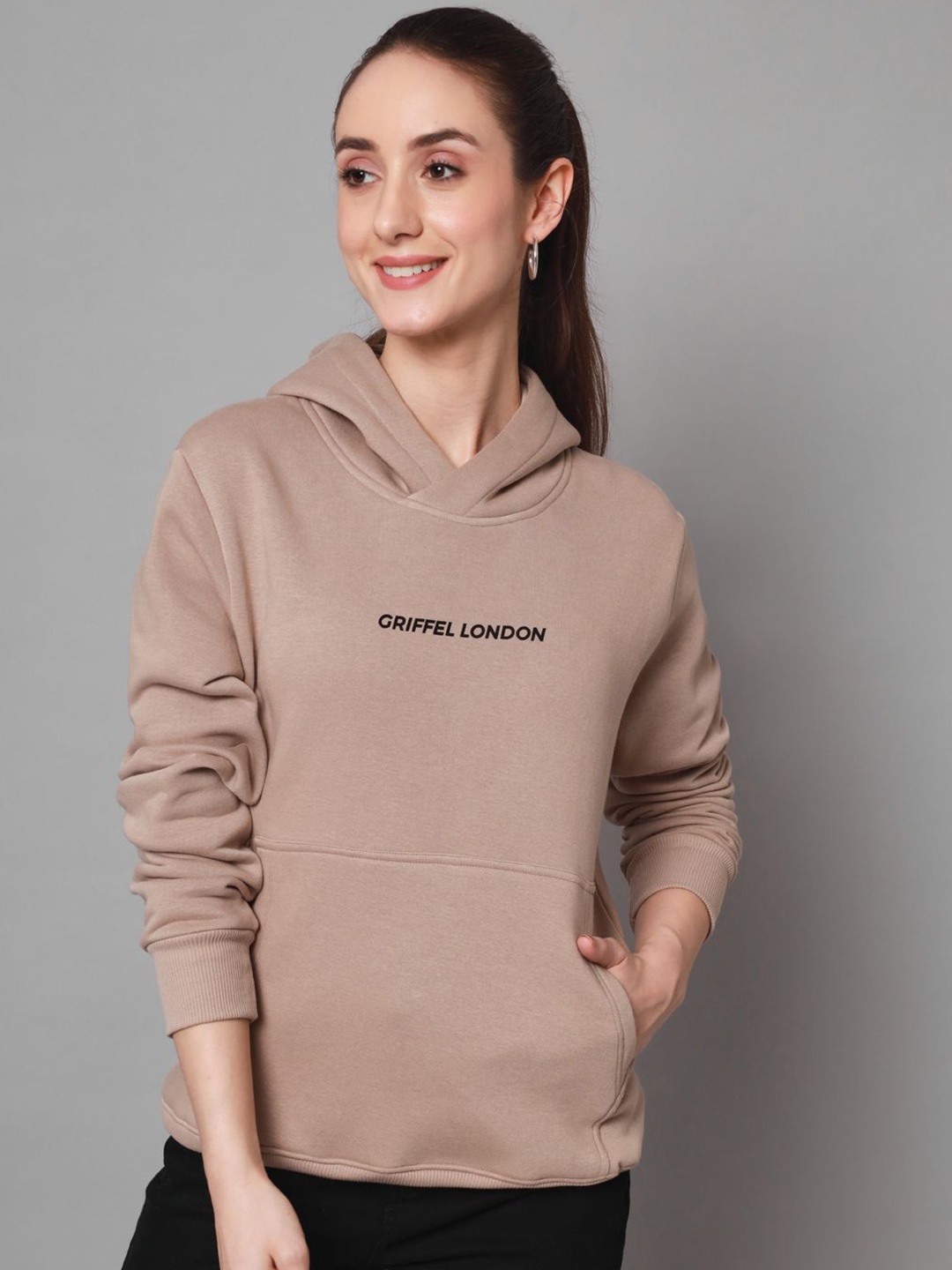 

GRIFFEL Women Typography Printed Hooded Sweatshirt, Camel brown